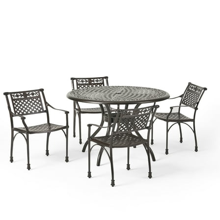 Brendan Traditional Outdoor Aluminum 5 Piece Dining Set with Round Table, Hammered Bronze