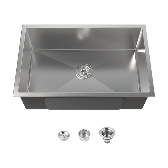 Acpouw Stainless Steel Kitchen Sink, 30″x19″ Drop In Single Bowl, Undermount Handmade Sink in Brushed Nickel, with US Standard Drain and Hook, LS-SSBR05