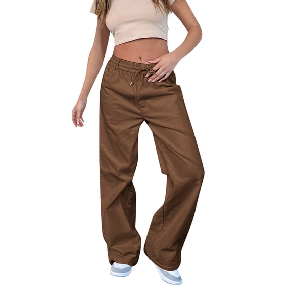 LUOGENLI Female Casual Pants Women's Solid Color High Waist Slim Fit Corduroy Straight Leg Pants Drawstring Elastic Waist Casual Pants Cotton Casual Pants Women Summer Tall Brown L