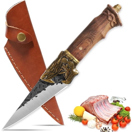 Qulajoy Camping Knife – Hand Forged Viking Pocket Knife 7Cr17MOV Blade – Dragon Head Handle and Leather Sheath – Outdoor Knife for Hunting & Camping
