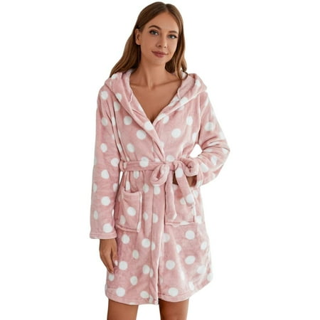 

Orchip Winter Women Coral Plush Robe Hooded Flannel Fleece Warm Bathrobe，#02
