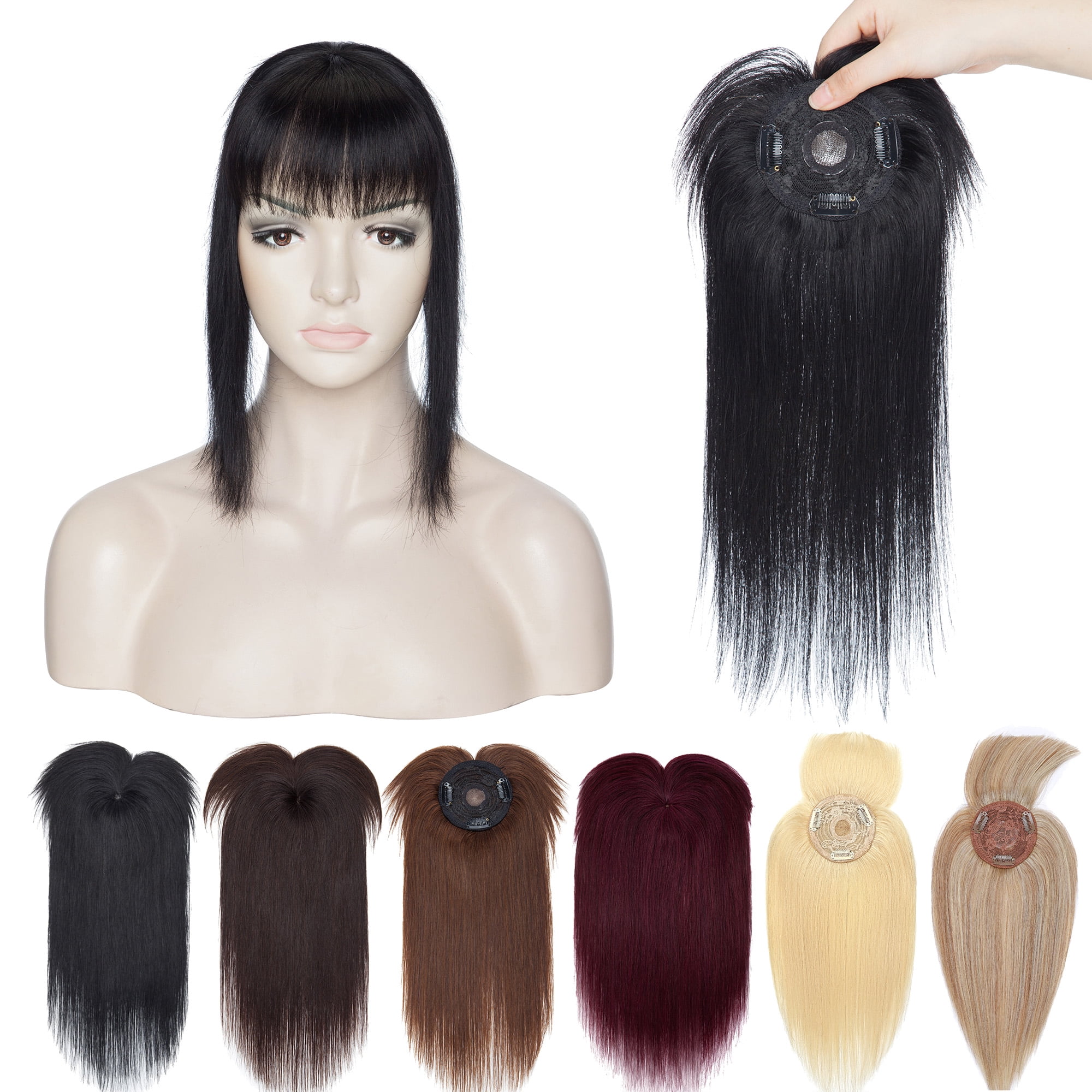 MY-LADY Hair Toppers for Women Real Human Hair with Bangs 3 Clip In Remy Topper Hairpiece for Thin Hair Natural Looking Hair Extensions 14inch #01 Jet Black