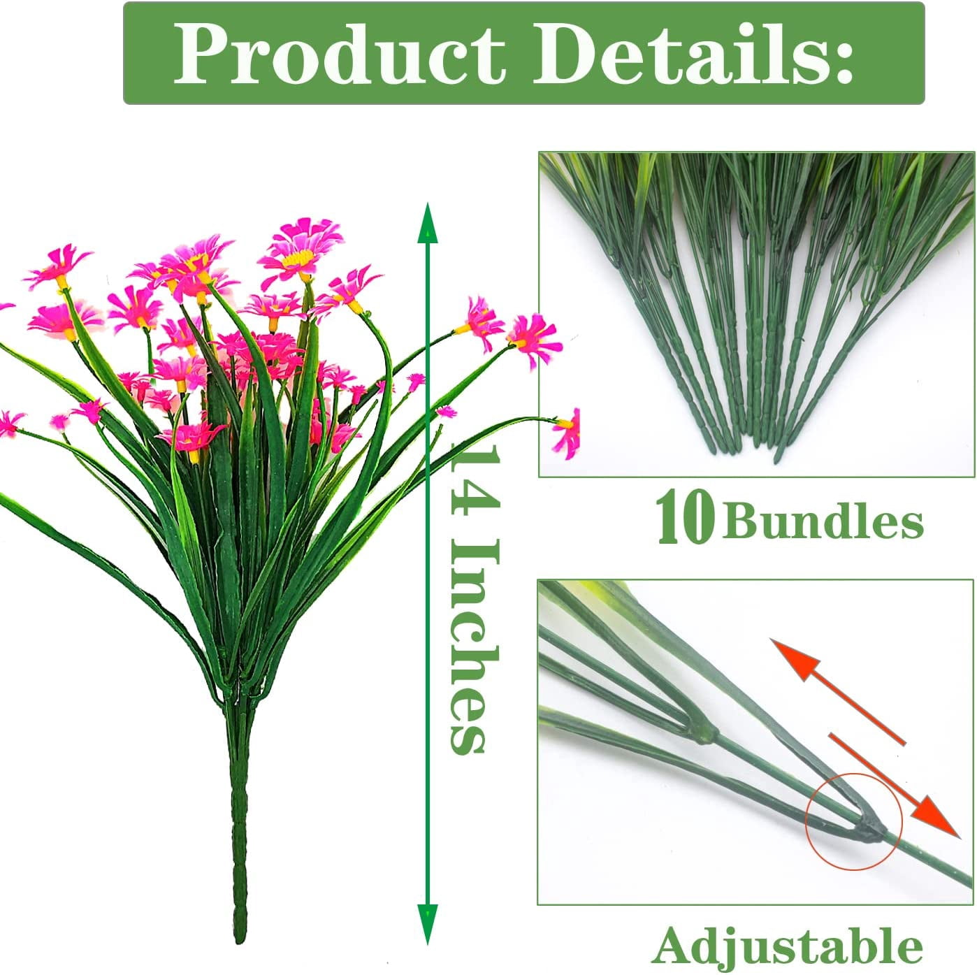 Viworld 10 Bundles Outdoor Artificial Daisy Fake Flowers UV Resistant Plants, Faux Plastic Greenery for Indoor Hanging Plants Garden Porch Window Box Home Wedding Farmhouse Decor (Rose red)