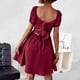 thumbnail image 4 of Vestido con ribete de volantes fruncidos y manga abullonada con lazo en la espalda Vestido corto con cuello cuadrado y línea A para verano Borgoña M, 4 of 6