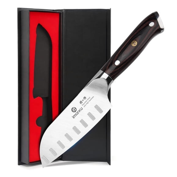 imarku Couteau Santoku 5 Pouces, Couteau de Chef Tranchant pour Trancher, Couper en dés, Hacher la Viande, les Légumes et les Fruits, Couteau de Cuisine Japonais en Acier à Haute Teneur en Carbone avec Bord Ajouré, Manche Ergonomique en Pakkawood