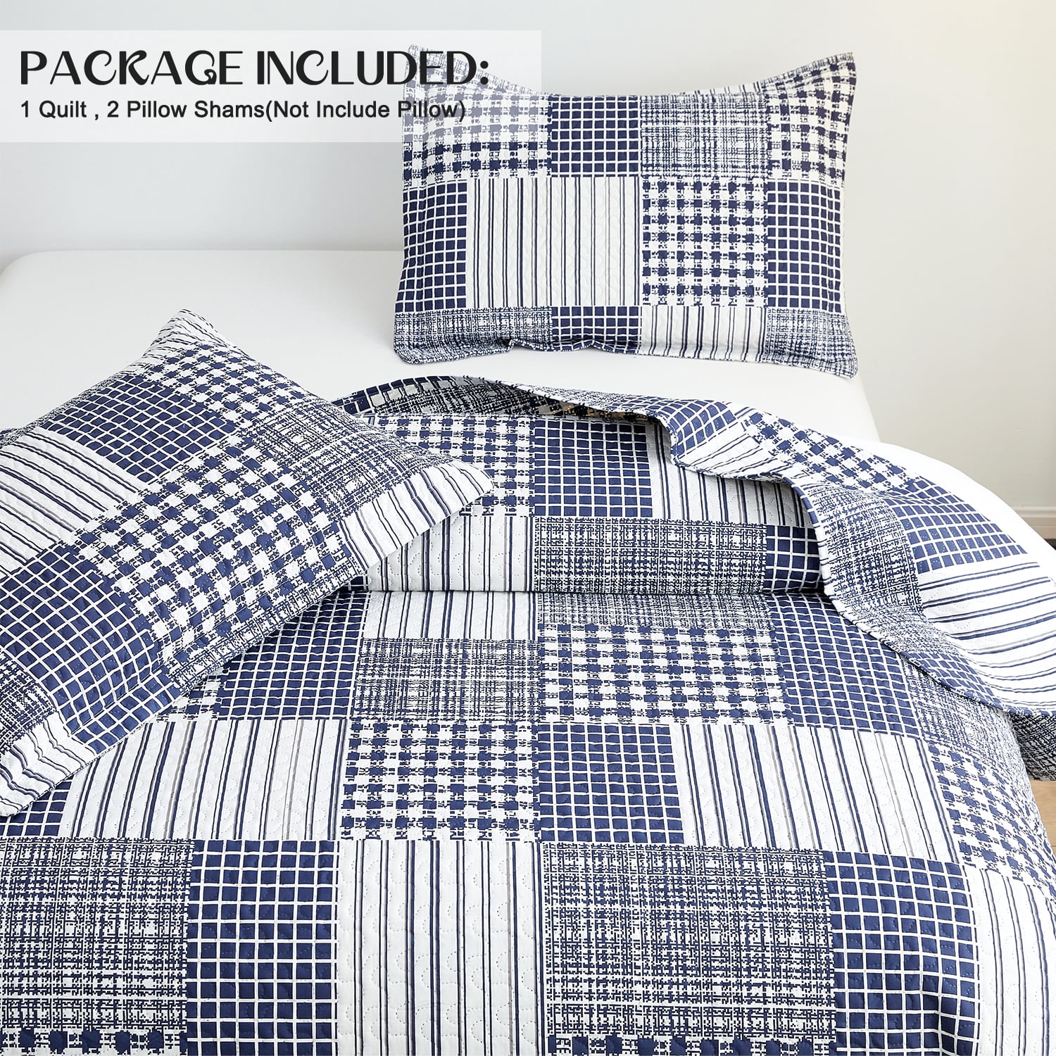 Kebury Plaid Bedding Quilt Set Twin Size Microfiber Ultra Soft Bedspread Ligthtweight Navy Blue Checked Quilt Coverlet Collection for Bedroom (1 Quilt, 2 Pillow Shams)