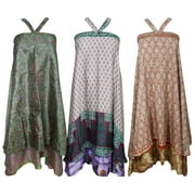 Mogul Womens Wholesale 3 Pcs Lot Indian Magic Wrap Around Skirt Two Layers Printed Recycled Sari Multiwear Beach Cover Up Sarong Dress