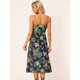 thumbnail image 4 of Vestido a media pierna con volantes y volantes en el cuello en V con correa de espagueti floral para mujer Azul marino S, 4 of 5
