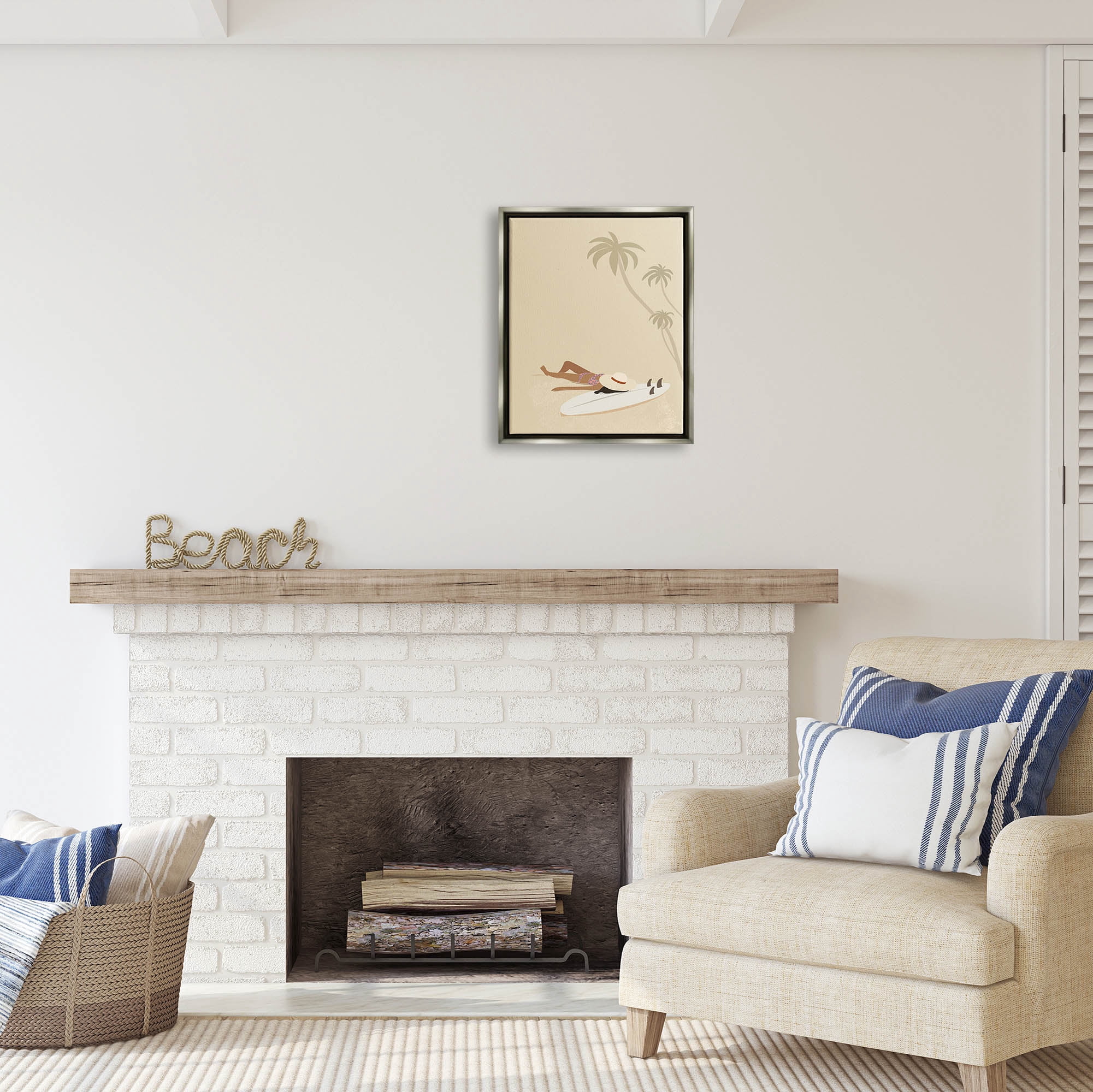 Stupell Industries Beige Summer Sunbathing Girl Coastal Painting Gray Floater Framed Art Print Wall Art