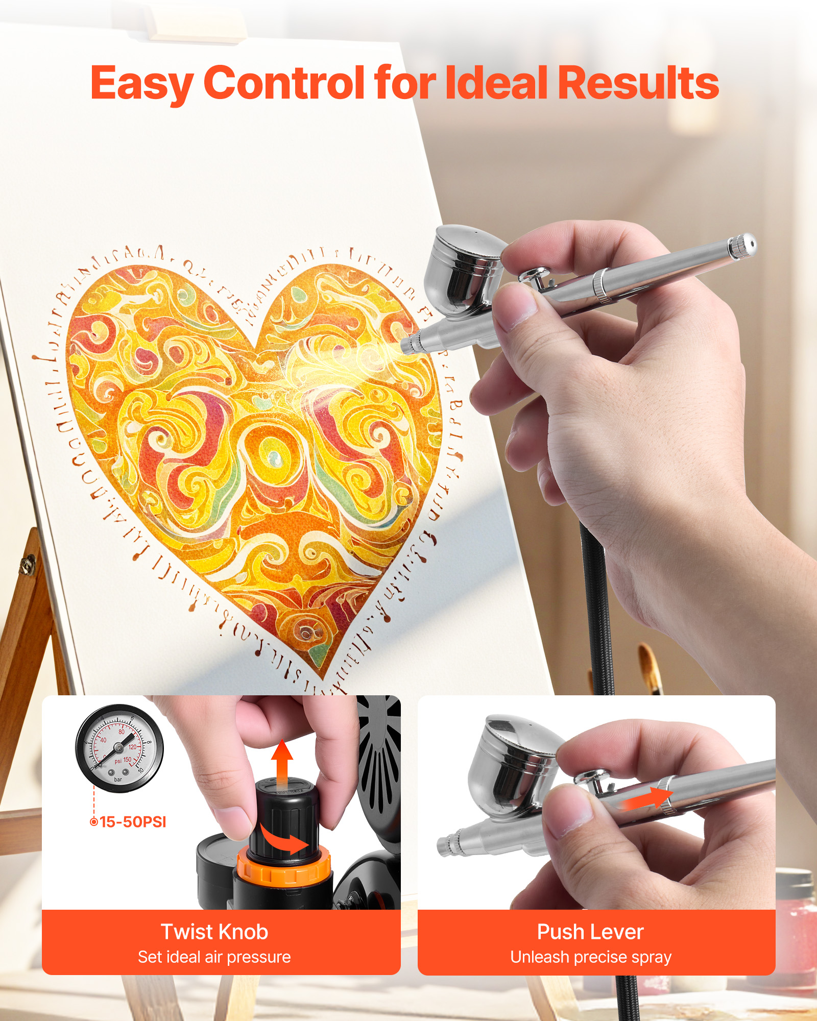 VEVOR Airbrush Kit, 1/6 HP, Air Brush Kit with Air Compressor and Tank, 3 Dual-Action Professional Airbrushes with 3 Tips, Hose, Acrylic Paint, 2 Fans, for Cake Decorating, Model Painting, Nail Art