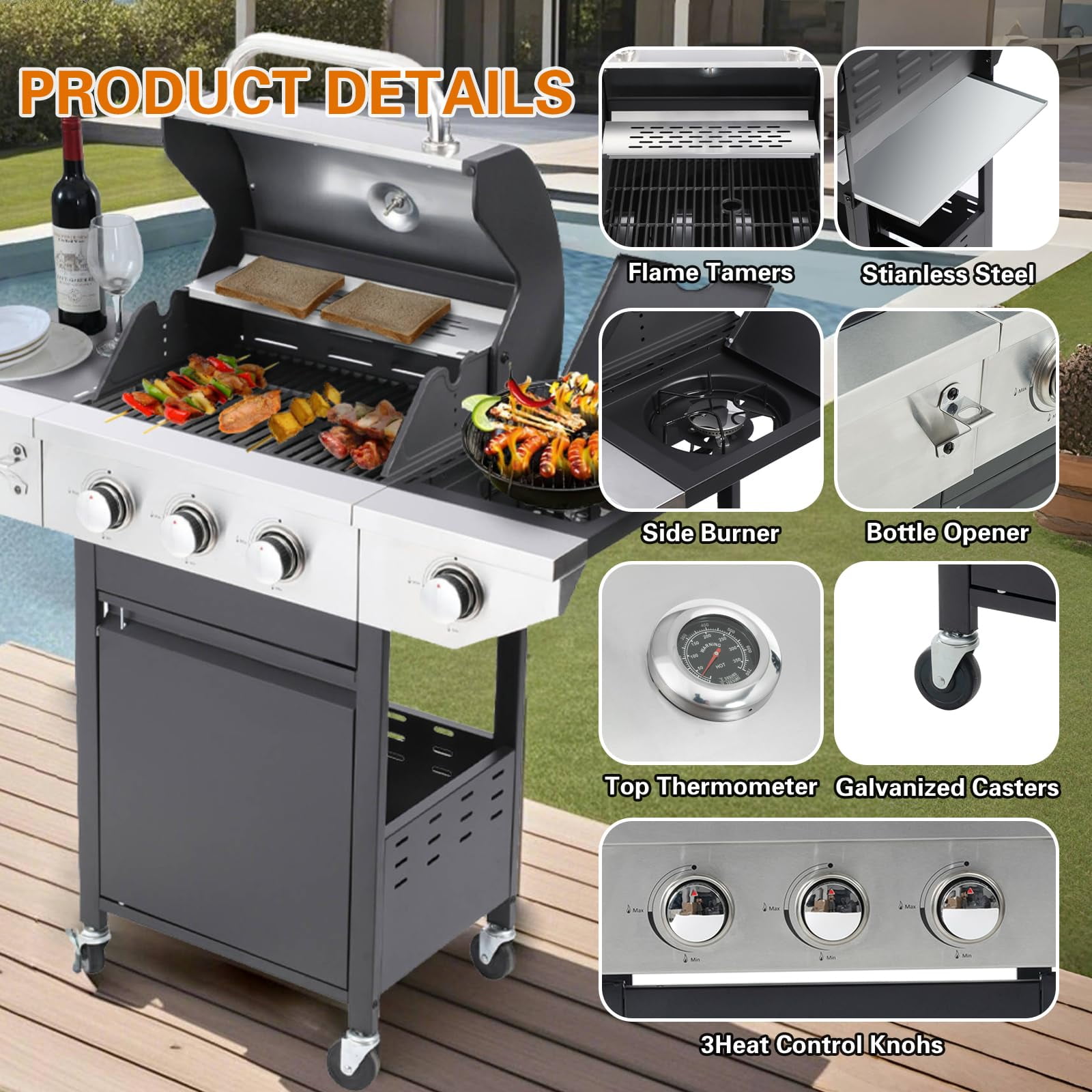 Highsound 3-Burner Propane Gas Grill with Side Burner, 37,000 BTU Outdoor BBQ Grill, Portable Stainless Steel Grill on Wheels for Patio, Garden, Black
