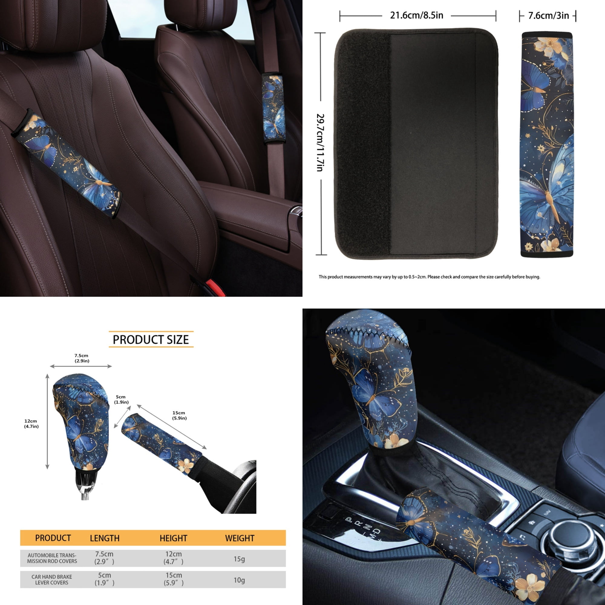 Yuyamidu Blue Butterfly Car Seat Cover Set of 14 Fashion Steering Wheel Cover Seat Belt Cover Garbage Bin Armrest Cover Rearview Mirror Cover Cup Mat Gear Shift Knob Cover Handbrake Cover