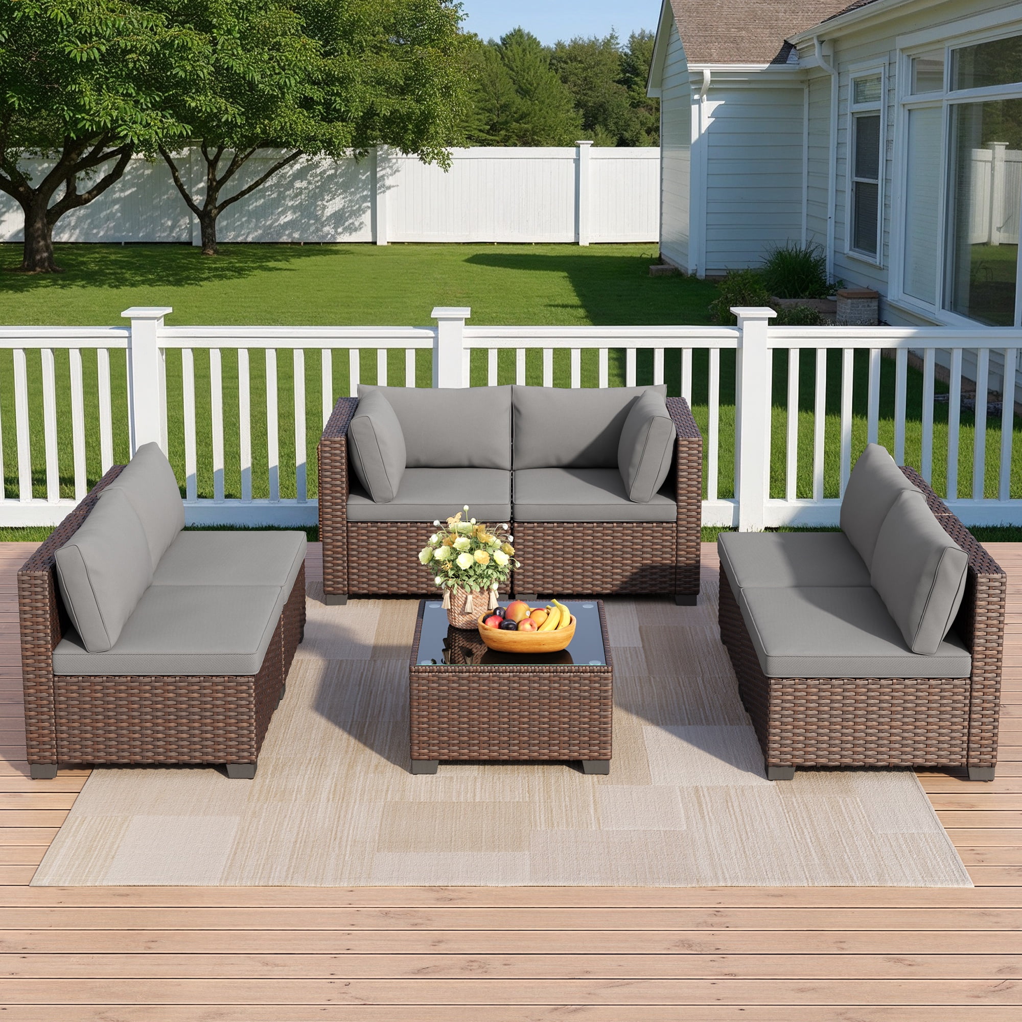 Patio Furniture Set on Sale, Asofer 7 Pieces Outdoor Conversation Sectional PE Rattan Wicker Furniture Sofa, Gray