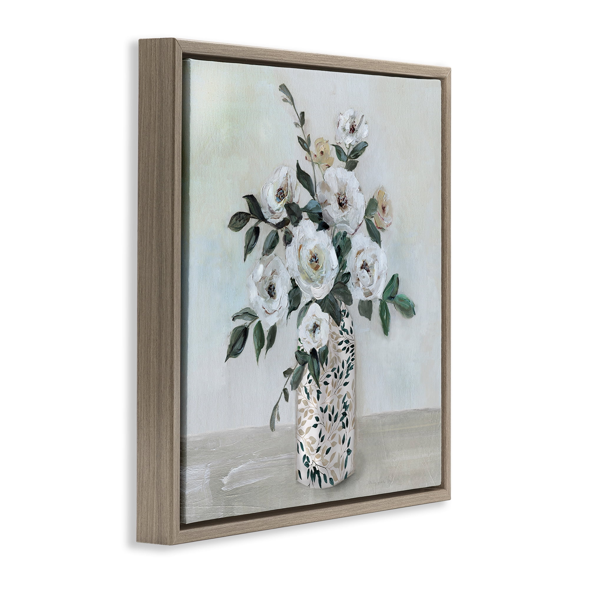 Stupell Industries Leaf Patterned Flower Vase Brown Framed Floater Canvas Wall Art, design by Sally Swatland