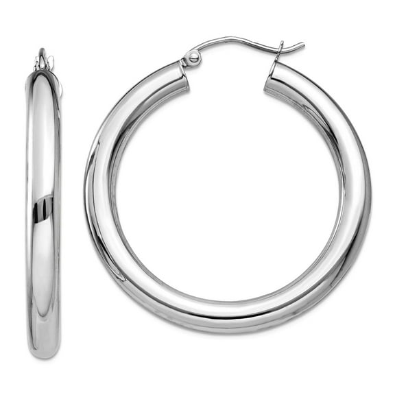 10k White Gold Polished 4mm Lightweight Tube Hoop Earrings 35mm Long 4mm Thick Hoop Earring for Women