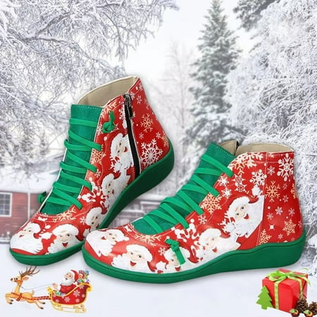 

Comfortable Short Shoes Printing Flat Christmas Toe Women Zipper Round Retro Booties Womens Short Boots