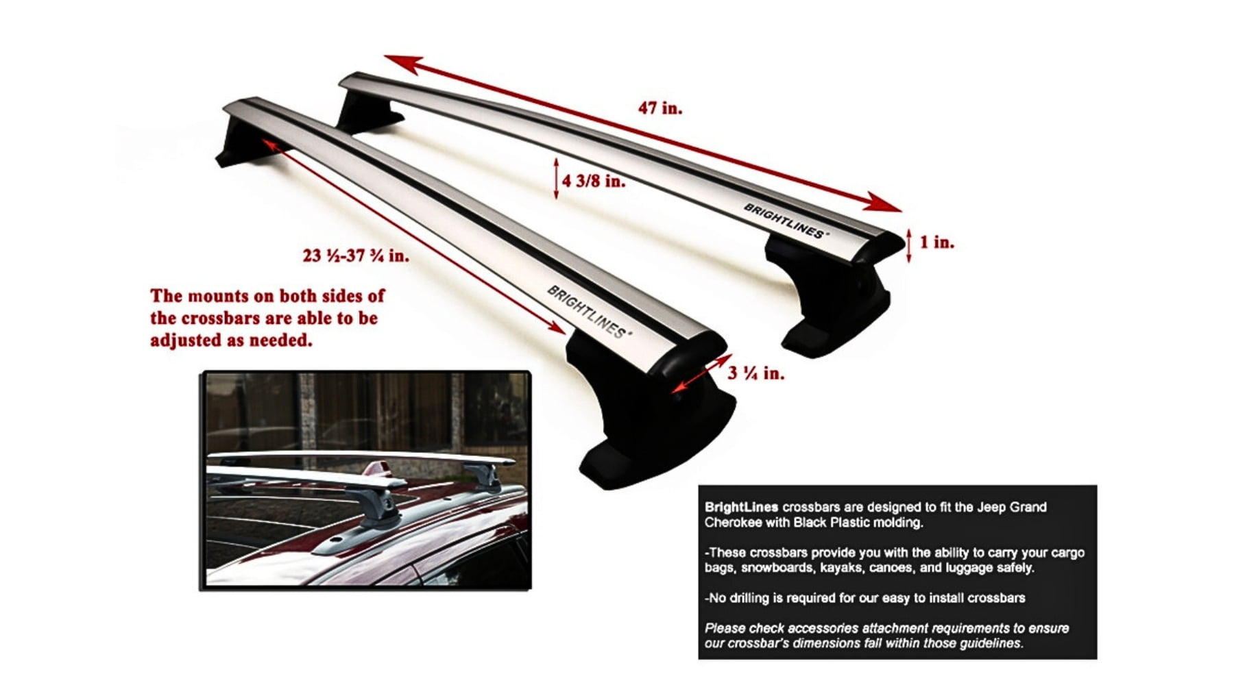 BRIGHTLINES Heavy Duty Anti-Theft Premium Aluminum Roof Rack Crossbars Compatible with 2011-2021 Jeep Grand Cherokee with Roof Black Plastic Moldings