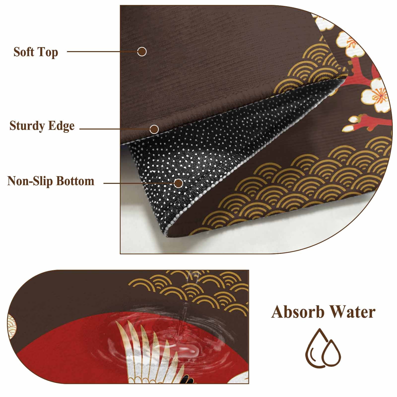 Japanese Style Round Area Rugs Collection 7', Modern Cranes Cherry Flower Wave Brown Non Slip Indoor Circular Throw Runner Rug Floor Mat Carpet for Living Room Dining Table Bedroom Nursery
