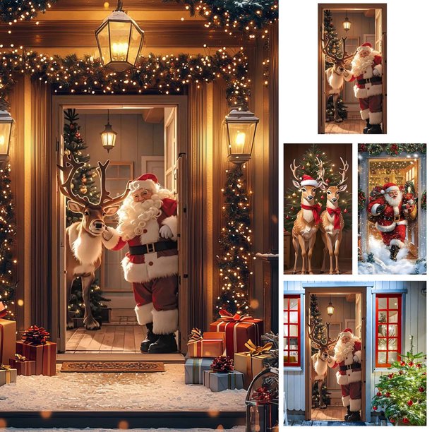 Cortina de puerta de Navidad - Fondo impermeable de escenas navideñas de poliéster para puertas y ventanas, 1 cuenta