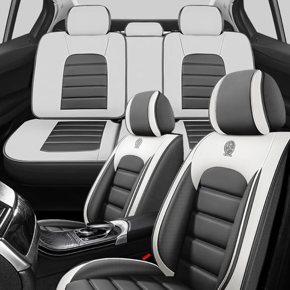 2009 for TOYOTA CAMRY Seat Cover, Gray and White Car Seat Covers, Leather 5 Piece Full Set With Lumbar Support Beautify Interior, Give Your Interior a New Look