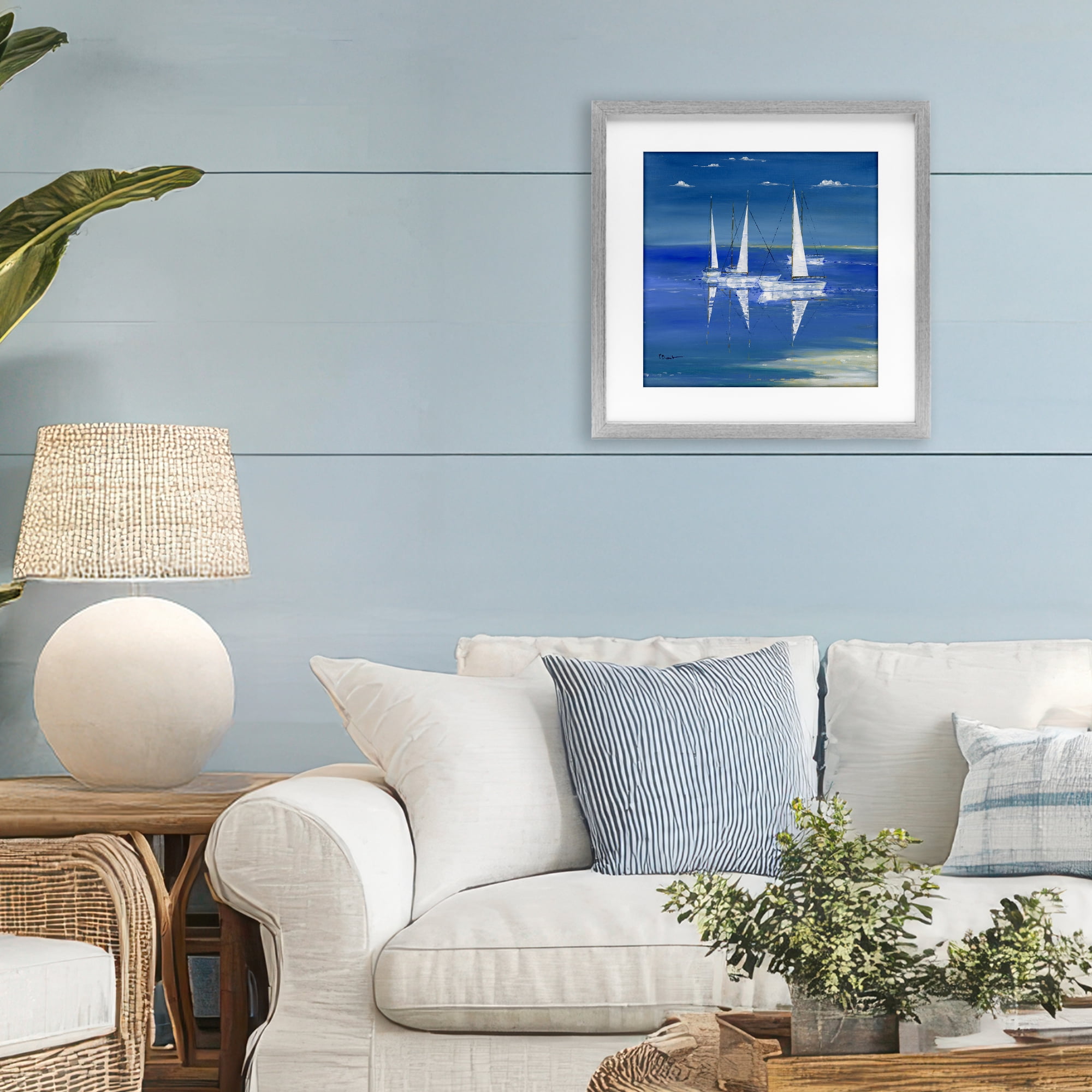 Stupell Industries Serenity Sailboats Reflected on Water Gray Framed Print Under Glass, design by Paul Brent