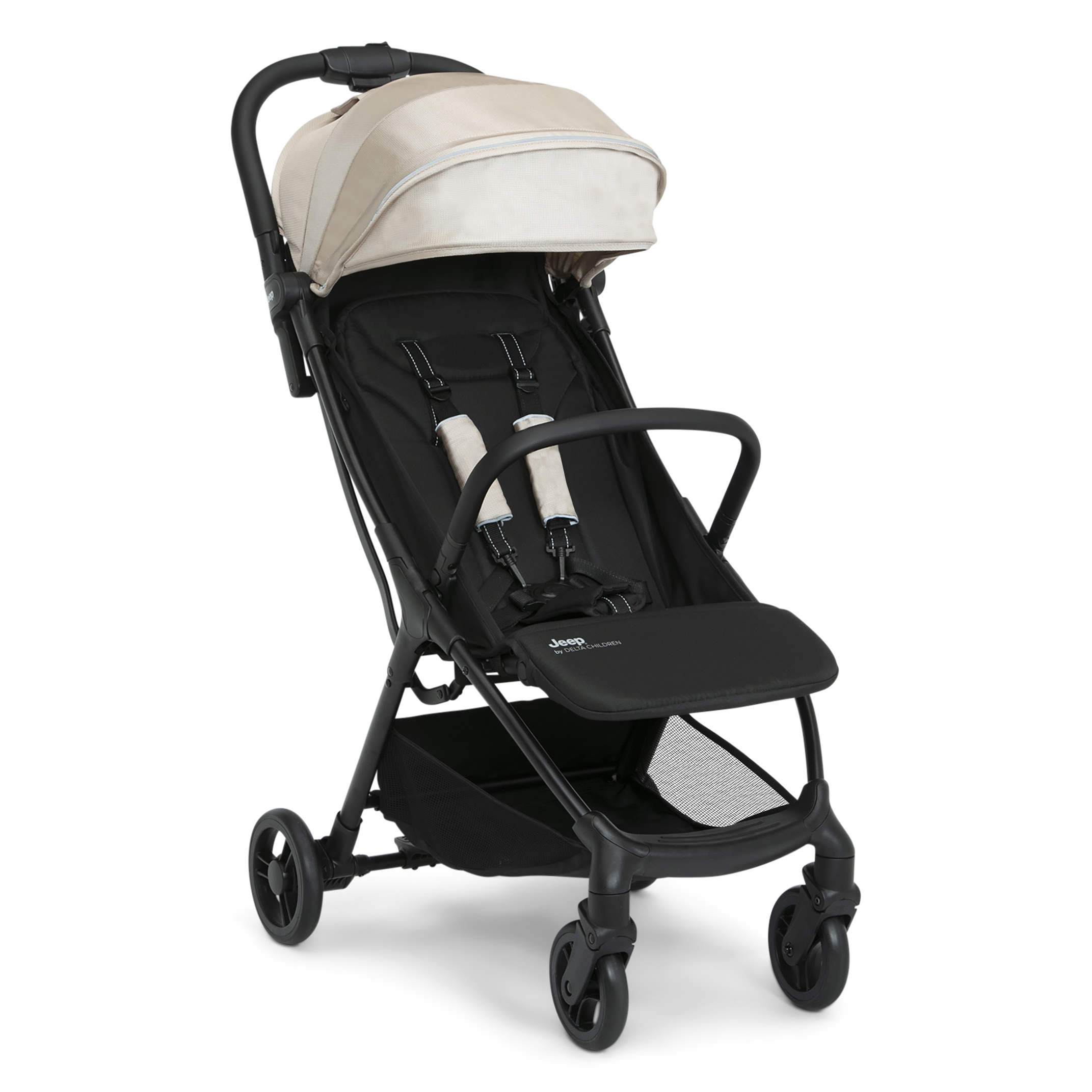 Jeep Altitude Compact Travel Stroller by Delta Children – Greenguard Gold Certified, Easy One Hand Fold, Lightweight, Extendable Canopy with Peek-a-Boo Window, 4 Wheel Suspension, Tan