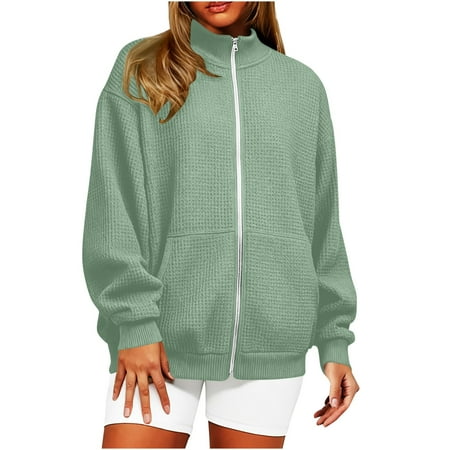 ZHYou Women's Oversized Waffle Knit Zip-Up Jacket High Neck Full Zip Side Pockets Ribbed Cuffs Hem Warm Sweatshirts Green Size 3XL