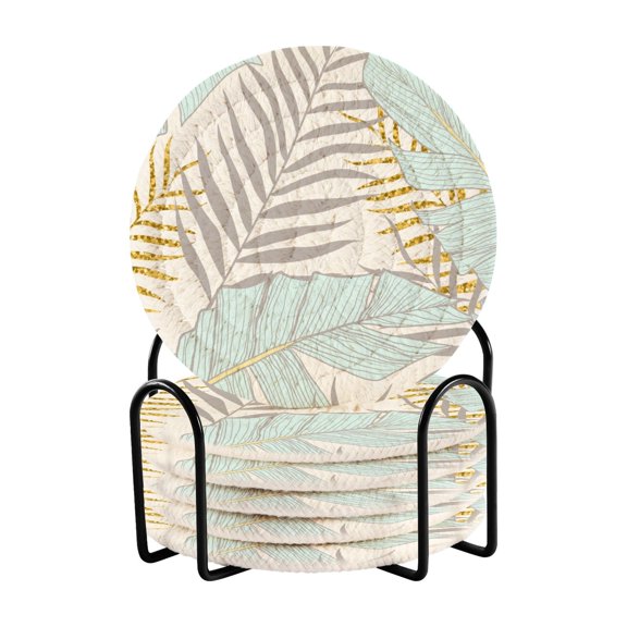 6 Pcs Drink Coasters Sets with Holder Pads Cotton Cup Heat-Resistant Hot Mats for Table Protection Palm Leaf