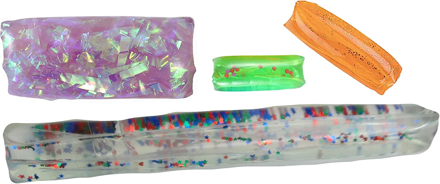 Bundle of 4 Different Water Trick Snakes - Filled with Glitter, Confetti, Sparkles, and Super Long - Slippery Tricky Wiggly Wiggler Tube - Sensory Fidget Ball (RANDOM COLORS)
