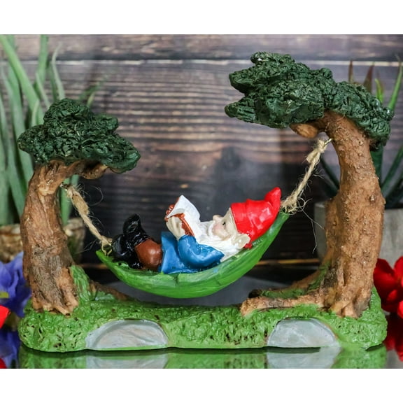 Whimsical Bookworm Gnome Sleeping On Hammock by Forest Trees Figurine Decor