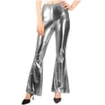 thumbnail image 3 of Scyoekwg Women's Leggings Solid Color Comfy Loose Casual Ladies Sweatpants High Waist Shiny Leather Flared Pants Trousers Silver,S, 3 of 7