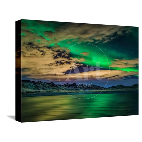 Cloudy Evening with Aurora Borealis or Northern Lights, Kleifarvatn, Iceland, Scenic Seasons Stretched Canvas Wall Art Sold by Art.Com