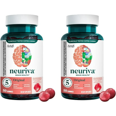 Neuriva Original Brain Health Support Strawberry Gummies (50 count), Brain Support With Phosphatidylserine & Decaffeinated, Clinically Tested Coffee Cherry, 2 Pack