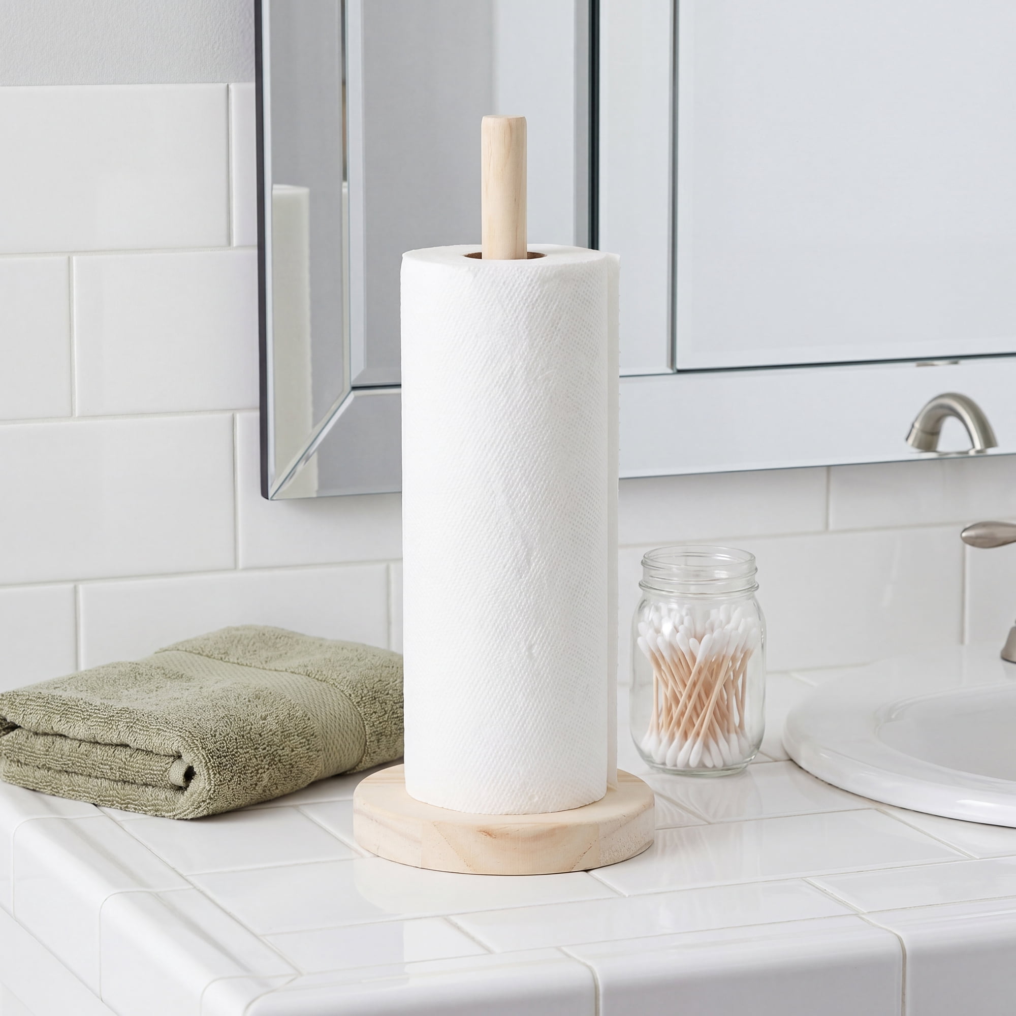 Unique Bargains Paper Towel Holder Countertop Modern Base Wood Light brown 11x3.1inch