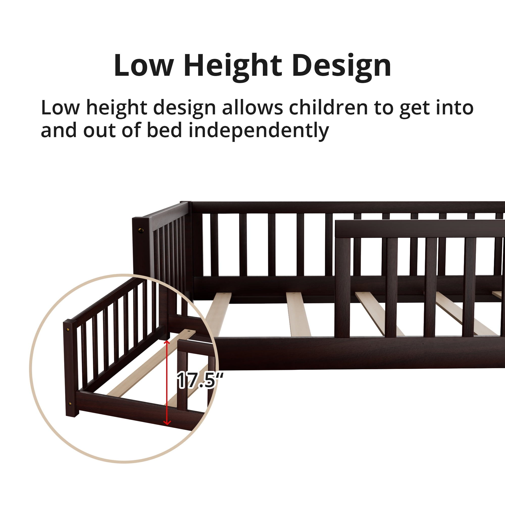 Twin Floor Bed, Wooden Montessori Bed Frame with Fence, Floor Platform Bed with Slats Support, Montessori Floor Bed for Toddlers Boy Girls, Espresso