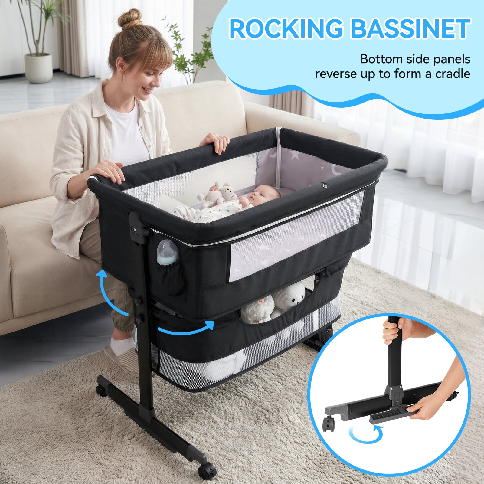kmaier Baby Bassinet Bedside Crib Foldable Portable  with Adjustable Height, Wheels and Storage Basket,Dark Gray