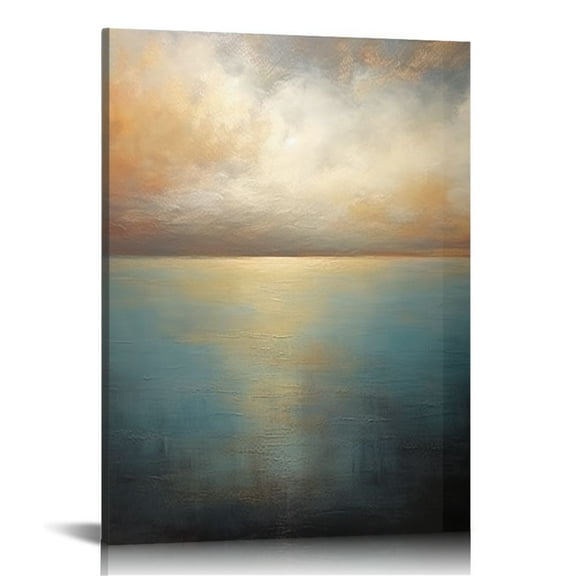 COMIO Abstract Sea Canvas Paintings Blue Yellow and Grey Wall Art Beach Sunrise Poster Brown and Blue Artwork for Walls Textured Canvas Pictures Gold Wall Decor for Room