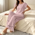 thumbnail image 5 of Tqcoqu Women's 2 Piece Pajama Set, Round Neck Ruffle Short Sleeve Contrast Piping & Drawstring Ruffle Hem Wide Leg Pants, Loungewear Sleepwear for Women, 5 of 6