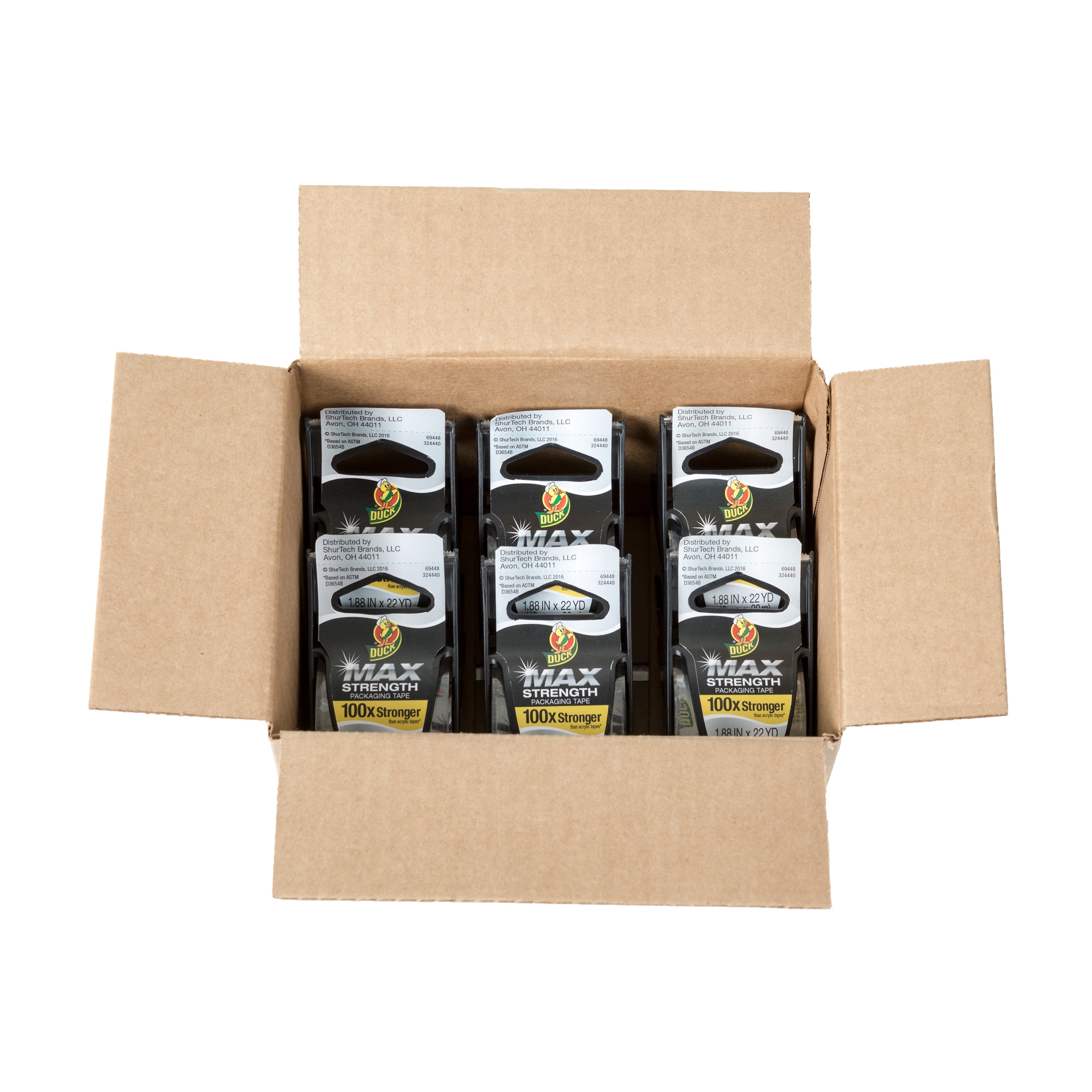 Duck Max 1.88" x 22 yd. Clear Rubber Packing Tape & Dispenser, 6 Pack
