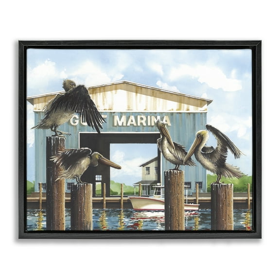 Stupell Industries Boat Marina Pelicans Nautical & Beach Painting Black Floater Framed Canvas Art Print Wall Art, 21 x 17