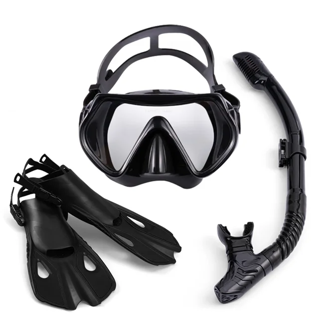 Equipo Completo de Snorkel, Máscara Panorámica de Gran Ángulo con Tubo de Respiro y Aletas, Accesorio para Buceo Recreativo en Aguas Poco Profundas