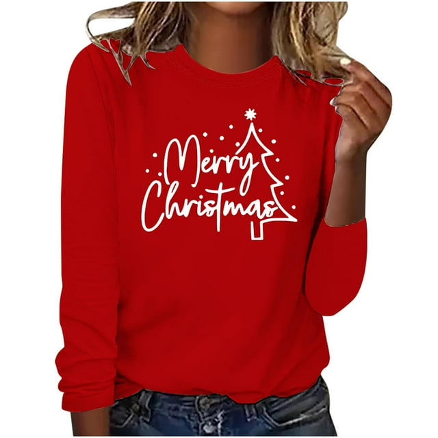 Timegard Hauts pour Femmes Joyeux Noël Imprimé Manches Longues Col Rond Chandail Décontracté Ample Confortable Automne