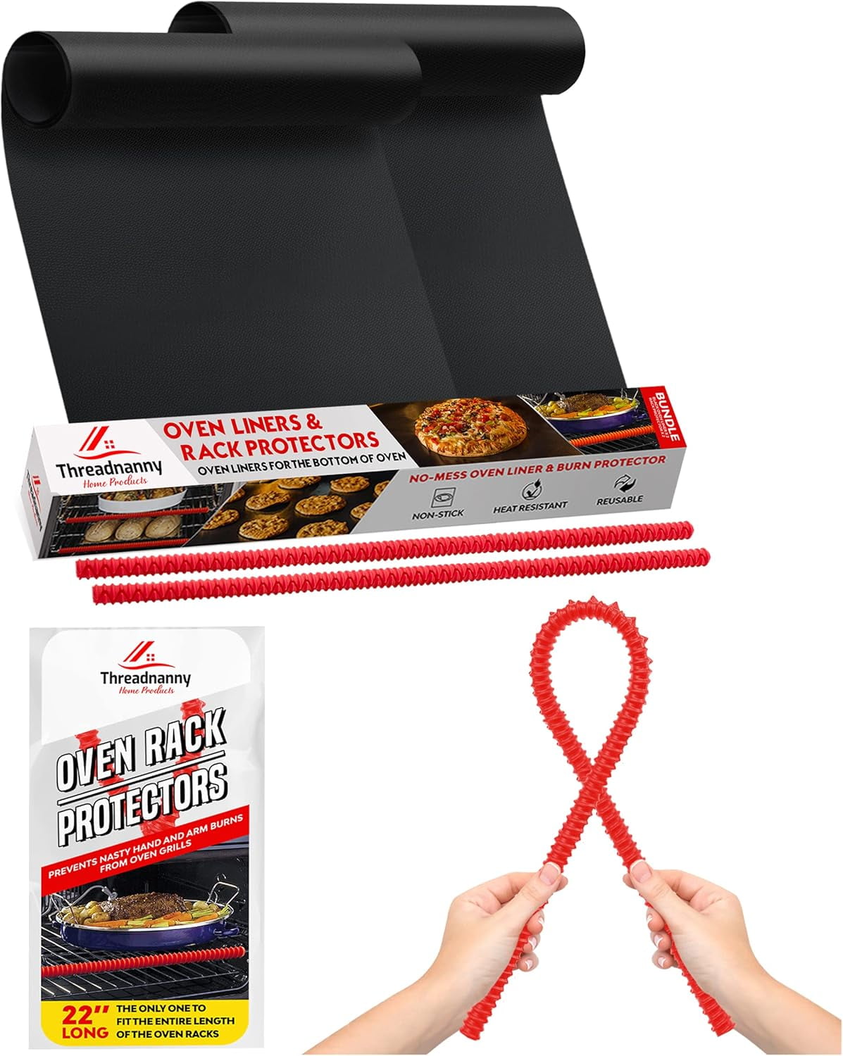 ThreadNanny 2-Pack Large Oven Liner Mats and 2-Silicon Oven Rack Protector Guard for Bottom of Oven