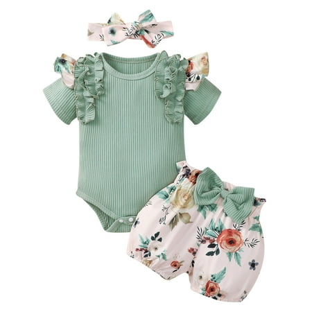

Girls Short Sleeve Ribbed Romper Bodysuit Floral Prints Shorts Headbands Outfits Clothes for A 2 Year Old Girl