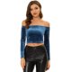 thumbnail image 1 of INSPIRE CHIC Blusa de terciopelo de manga larga elástica sólida con hombros descubiertos para mujer Gris azul S, 1 of 5