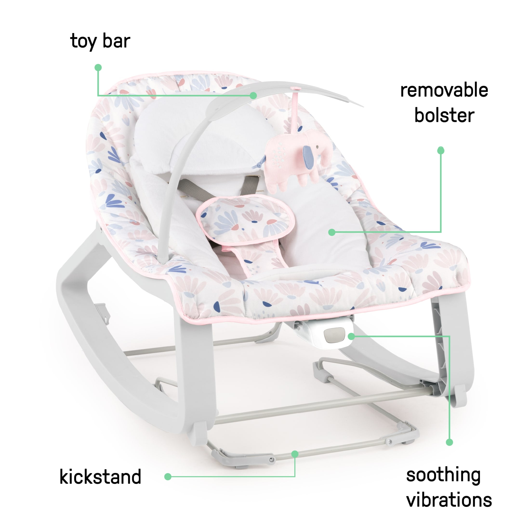 Ingenuity Keep Cozy 3-in-1 Baby Bouncer Seat & Infant to Toddler Rocker - Burst (Pink)