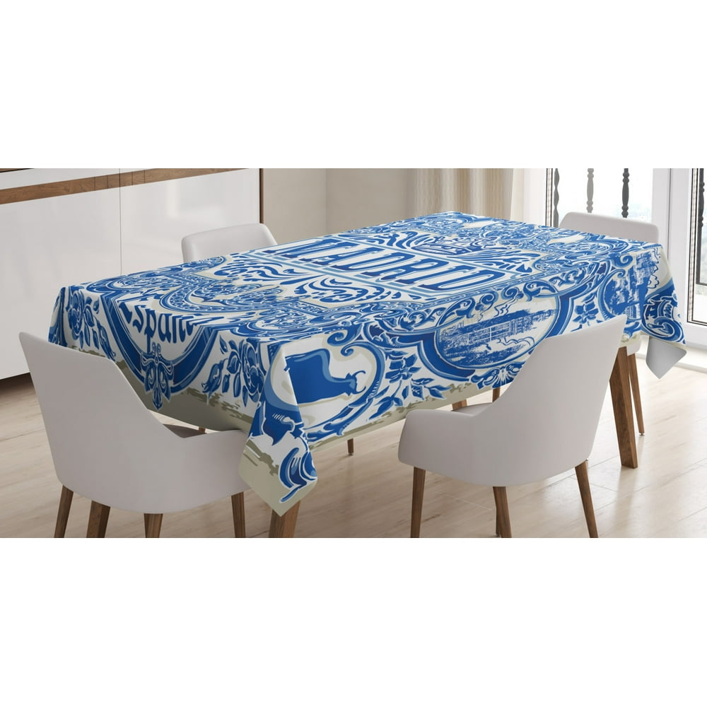 Spanish Tablecloth, Madrid Calligraphy Traditional Painted Tin Graphic Tile Azulejo Print