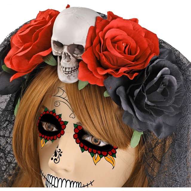 Diadema y velo del Día de los Muertos de Halloween, Calavera mexicana Diadema de Halloween rosa roja Floral Diadema de Halloween para adultos para mujer Accesorio de disfraz, talla única