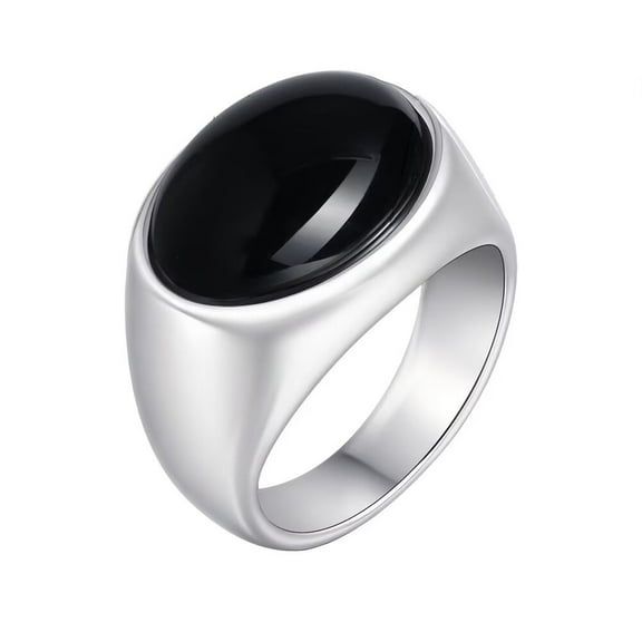HIJONES Unisex Stainless Steel Agate Gemstone Inlaid Silver Plated Engagement Ring Solid Glossy Wedding Band Black Stone Size 8