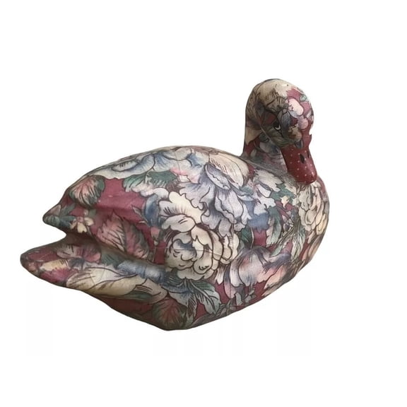 Vintage Mid Century Duck Figurine Decoupage Floral Print Roses Figurine 6”